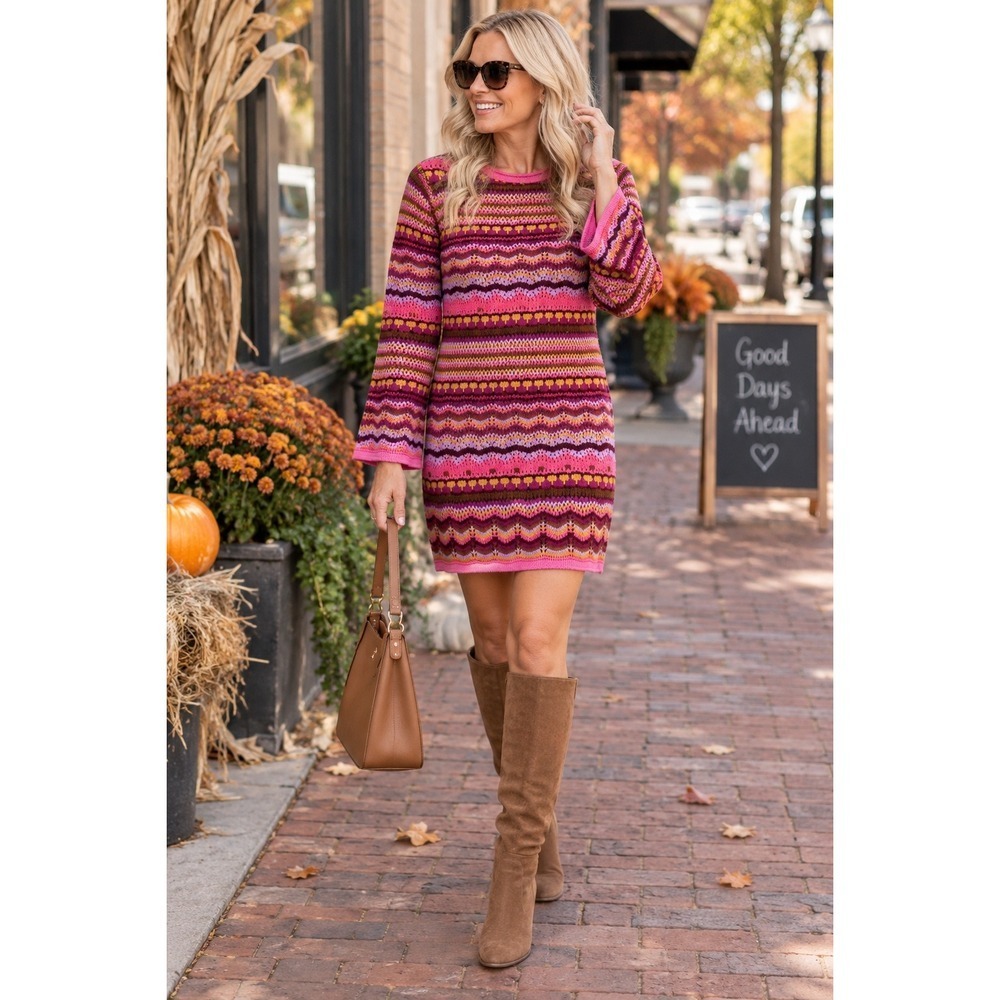 Free the Roses Knit Sweater Dress Boho 70's Hippie Retro Sz Medium Pink Purple